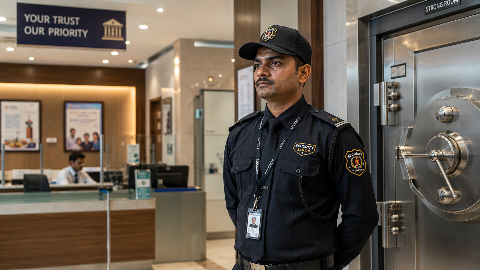 Bank security guard standing alert in India