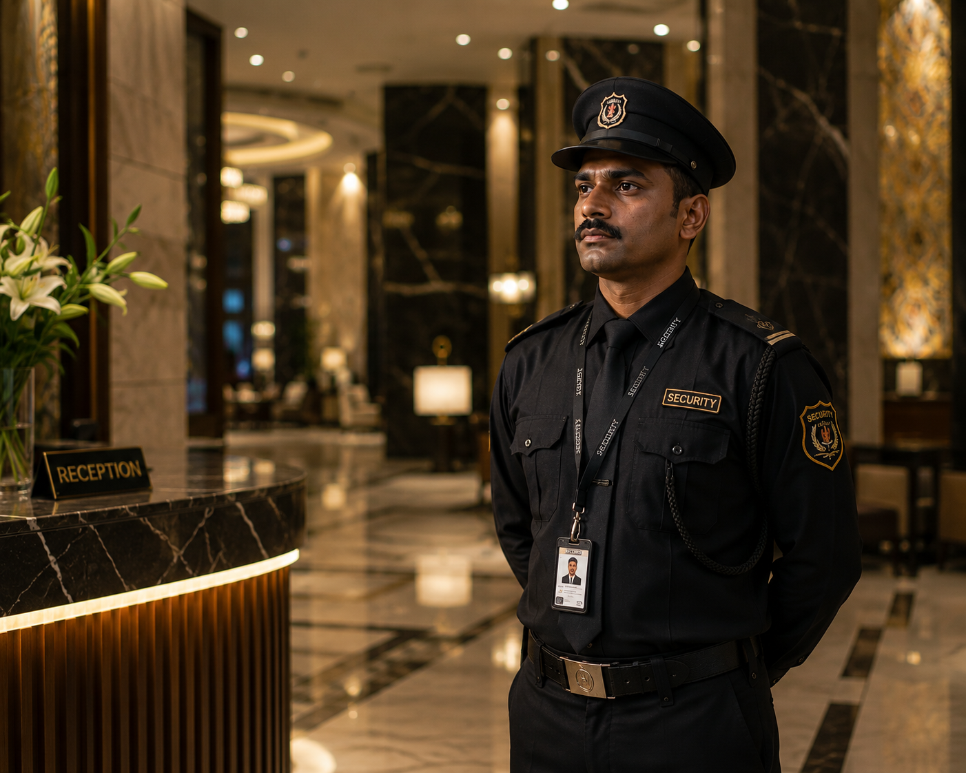 Hotel security personnel patrolling lobby in India