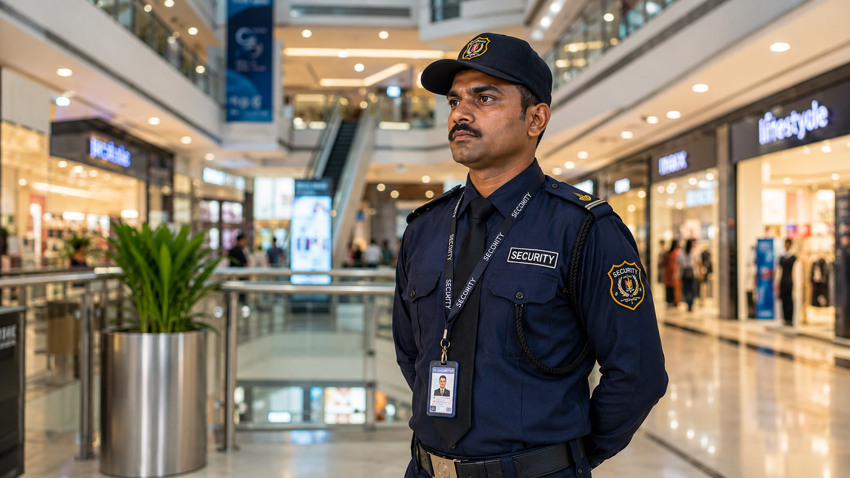 Shopping mall security guard patrolling in India
