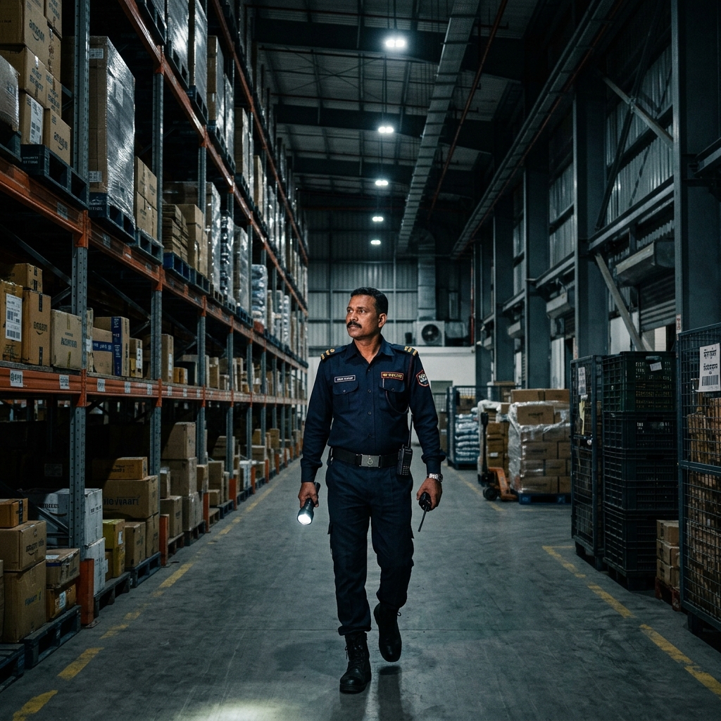 Security guard patrolling Indian warehouse